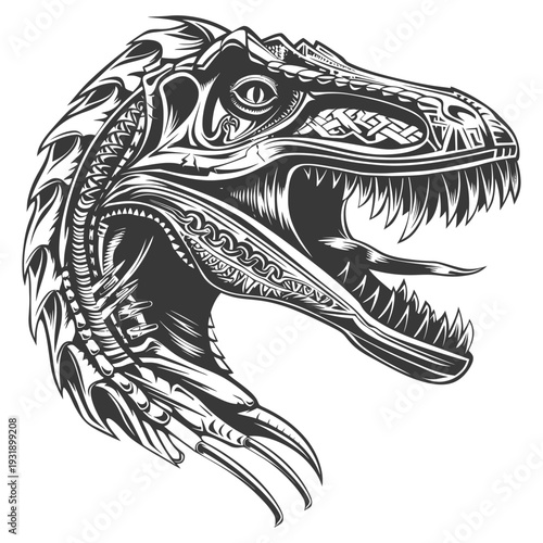 Ornate, detailed, black and white illustration of a dinosaur's head with sharp teeth and claws.
