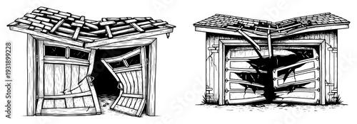 Vintage woodcut style illustration of damaged and broken garage doors in a state of decay