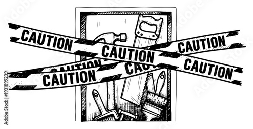 Construction site caution tape over hand drawn set of building tools and equipment