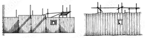 Vintage hand drawn wood construction fence with scaffolding and barrier poles