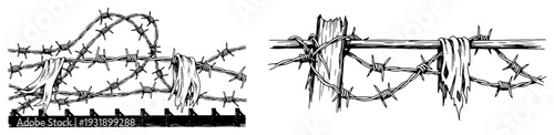 Detailed engraving style drawing of barbed wire fence with tattered rags and wooden post