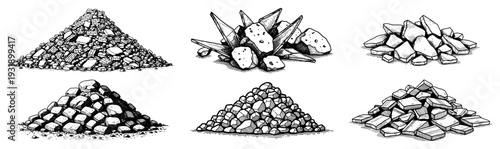 Collection of various stone piles and gravel heaps in vintage hand drawn style