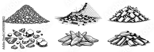 Set of vintage hand drawn construction debris and rubble piles including broken tiles and stones