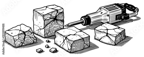 Vintage engraving of a jackhammer lying next to large cracked concrete blocks at a construction site