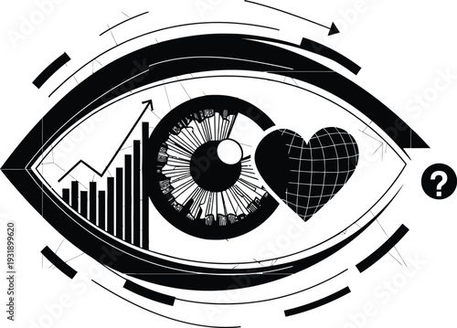 Futuristic Vision and Data Analytics Vector Icon with Eye, Growth Bar Chart, and Heart Symbol for Healthcare Technology, AI Surveillance, Financial Insights, and Emotional Intelligence
