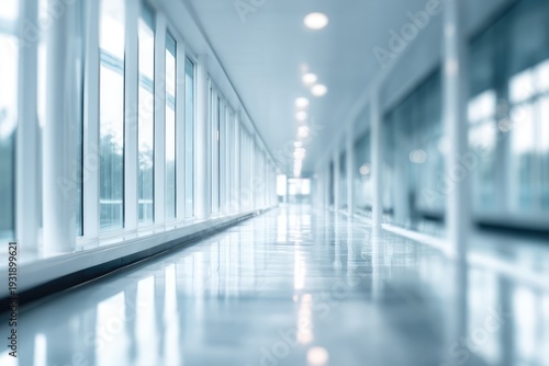 Modern Hospital Corridor with Bright Natural Light and Reflective Floor.