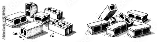 Scattered and broken concrete breeze blocks in vintage hand drawn engraving style
