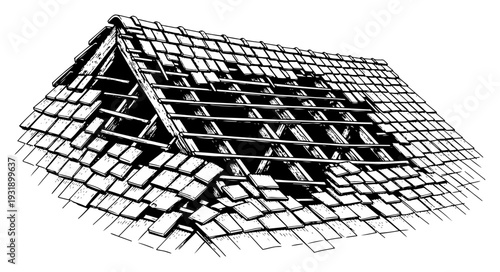 Vintage woodcut style illustration of a damaged house roof with broken tiles and exposed wooden beams