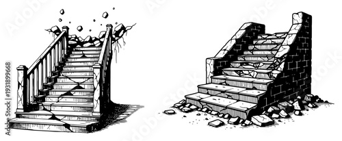 Hand drawn vintage style illustration of broken and crumbling stone stairs in a state of ruin