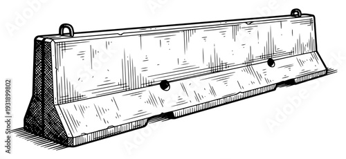Detailed hand drawn engraving illustration of a concrete jersey barrier for traffic control