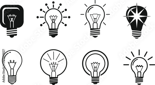 Black and white light bulb with various symbols ideas inspiration