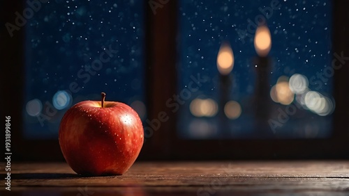 red apple fruit with mosque silhouette night background, ramadan kareem concept photography, islamic spiritual atmosphere, crescent moon sky, fresh organic apple macro detail, dramatic night lighting,