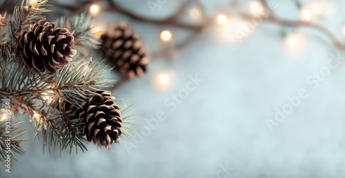Christmas Background with Pine Cones and Festive Lights.
