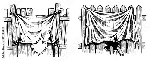 Vintage hand drawn engraving of tattered fabric hanging on a broken wooden fence