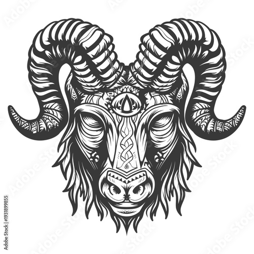 Ornate Ram Head with Third Eye and Detailed Horns