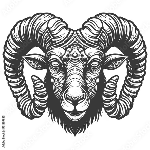 Ornate Ram Head with Detailed Horns and Facial Features