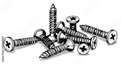 Vintage woodcut style illustration of a pile of various metal wood screws for construction and woodworking