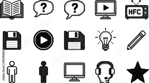 Black and white of media technology and communication symbols