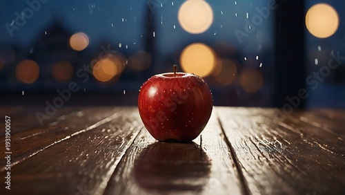 red apple fruit with mosque silhouette night background, ramadan kareem concept photography, islamic spiritual atmosphere, crescent moon sky, fresh organic apple macro detail, dramatic night lighting,