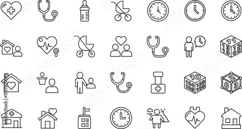Healthcare and Medical Outline Icons Collection with Doctor Patient Stethoscope and Hospital Symbols Flat Vector Illustration Set