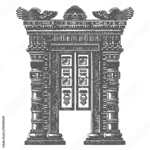 Ornate Stone Archway with Two Winged Figures and Symbolic Decorations