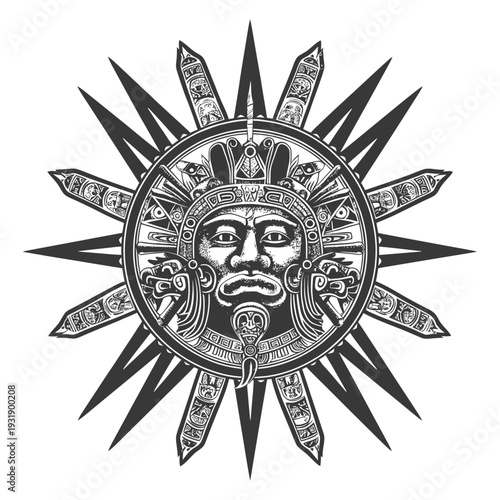 Ornate Sun with Mayan-Style Face and Feathers
