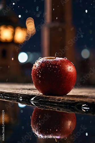 red apple fruit with mosque silhouette night background, ramadan kareem concept photography, islamic spiritual atmosphere, crescent moon sky, fresh organic apple macro detail, dramatic night lighting,