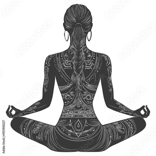 Ornate Tattooed Woman in Lotus Yoga Pose