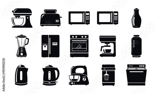 Set of black silhouette kitchen appliance icons featuring a mixer, toaster, microwave, blender, refrigerator, and oven, all depicted in a simple graphic and minimalist vector style