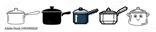 Collection of cooking pot icons in various artistic styles, including a simple outline, a black silhouette, pixel art, a geometric design, and a cute cartoon character with a face