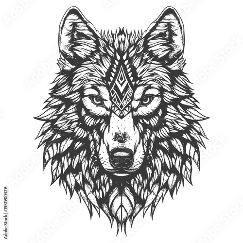 Ornate Wolf Head with Geometric Symbol on Forehead
