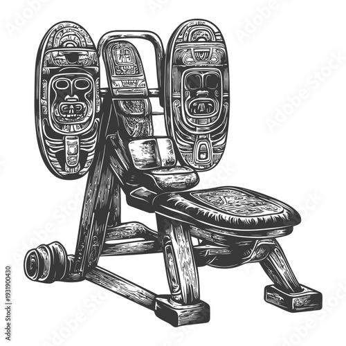 Ornate Wooden Bench with Tribal Masks