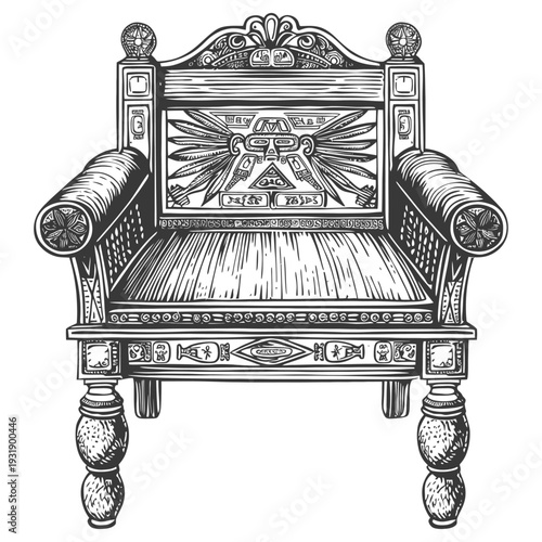 Ornate Wooden Chair with Intricate Mayan Designs