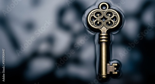 A close-up of an antique brass key resting on a dark, textured surface with a shallow depth of field creating a blurred background