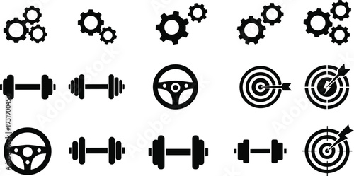 Black of gears dumbbells steering wheels and targets on white