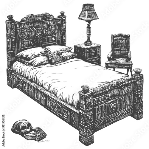 Ornate Wooden Bed with Skull and Lamp