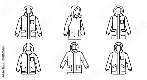 Set of six hooded parka jacket icons in a minimalist line art style showing different designs of winter outerwear for cold weather protection and fashion concepts