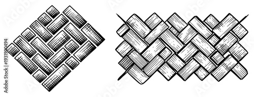 Vintage hand drawn woodcut illustration of various paving and weaving patterns