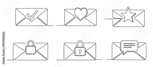 Six minimalist one-line drawing envelope icons with symbols like a heart, star, checkmark, and lock represent different digital communication and email status notifications