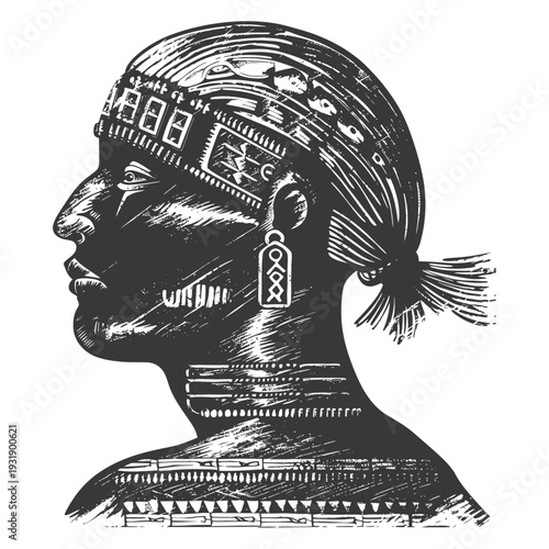 Profile Illustration of a Person with Tribal Adornments