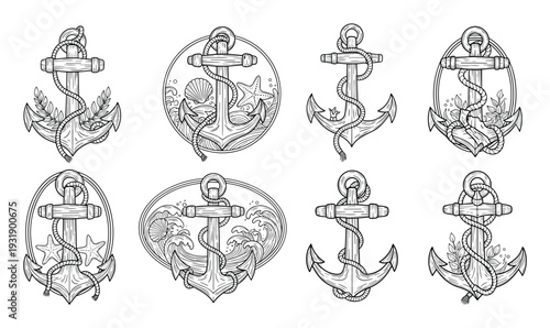 Set of eight vintage nautical anchors illustrated in a detailed black and white line art style with ropes, waves, and seashells for a classic maritime or tattoo design concept