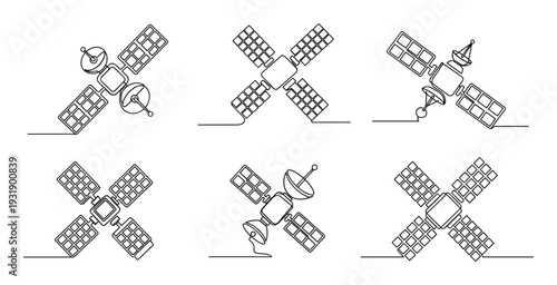 Set of six satellite illustrations rendered in a minimalist continuous one-line art style, showcasing various spacecraft designs with solar panels and communication antennas for technology concepts