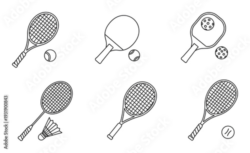 Racket sport equipment line art icon set featuring tennis, table tennis, badminton, and pickleball gear in a minimalist vector illustration style for athletic and recreational concepts