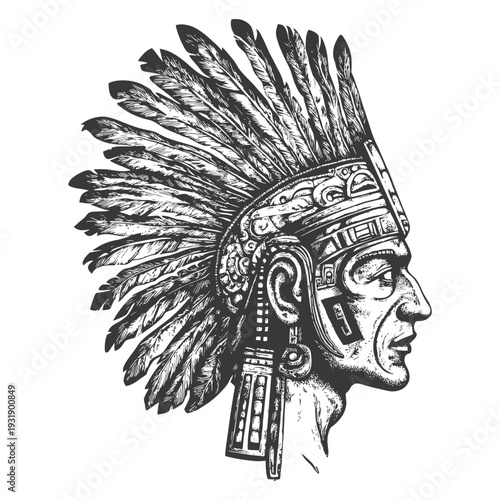 Profile of an Indigenous Person Wearing a Feathered Headdress and Ornate Helmet