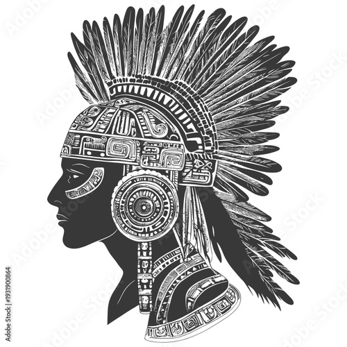 Profile of an Indigenous Person Wearing a Feather Headdress and Ornate Clothing