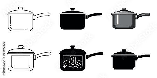 Collection of saucepan icons in various graphic styles including line art, silhouette, and pixel art, with one design featuring a biohazard symbol for a toxic concept