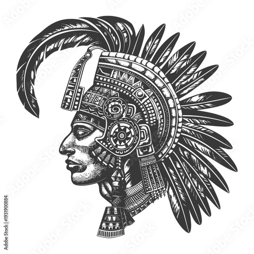 Profile of an Indigenous Person Wearing a Feathered Headdress