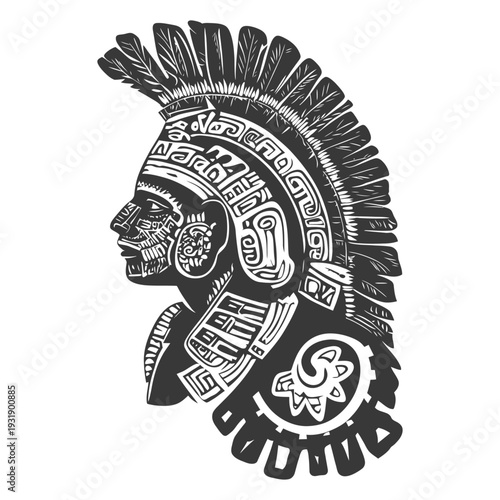 Profile of an Indigenous Person with a Detailed Feather Headpiece