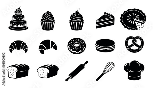 Collection of black bakery and pastry icons featuring a cake, cupcake, pie, croissant, donut, bread, and baking tools like a rolling pin and whisk in a simple silhouette style