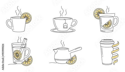 Set of hot drink line art illustrations with yellow lemon accents showing various cups, mugs, and a coffee pot in a minimalist doodle style for a cozy beverage concept